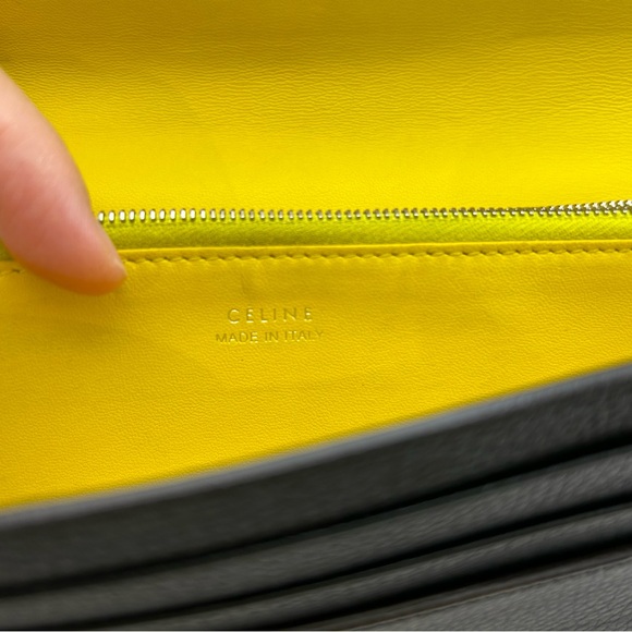 Authenticated Celine Black Flap Long Wallet, Double Snap, Yellow Interior - Picture 7 of 13